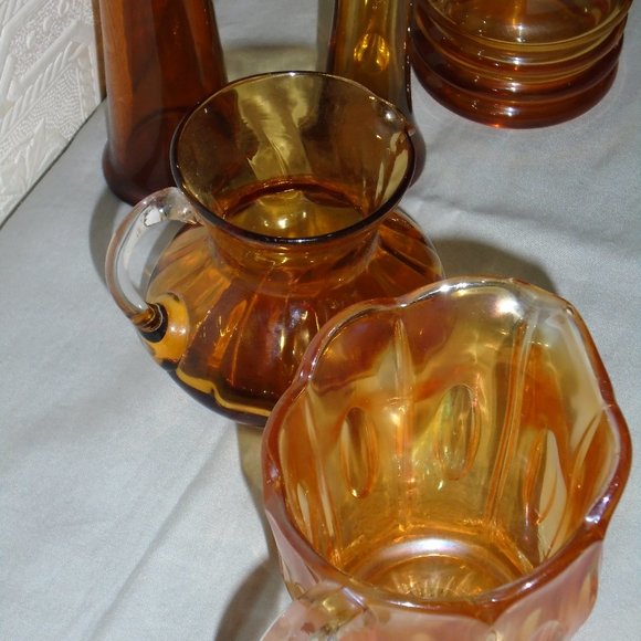 VINTAGE MINIATURE, AMBER GLASS, LOT, PITCHER/DECANTER & VASE, USED NICELY STORED - Picture 2 of 15
